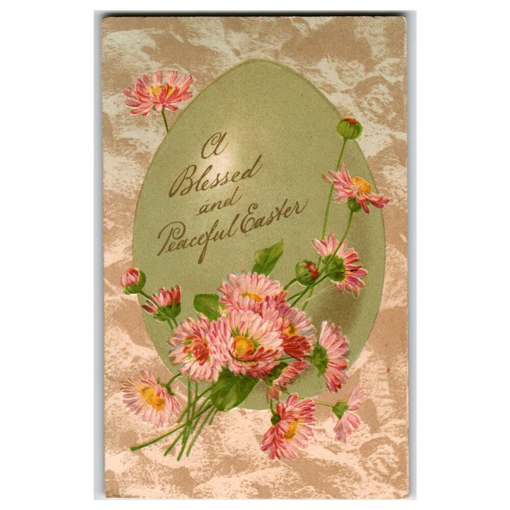 Vintage Embossed Easter Postcard Daisies & Egg "A Blessed and Peaceful Easter"